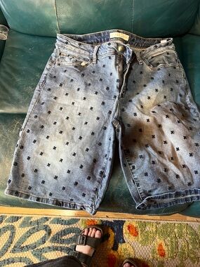Cato Light Blue Denim Jean Shorts with Embroidered Cross Pattern
